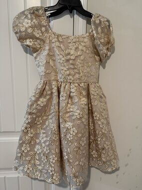 Rare Editions Gold Floral Embroidered Puff-Sleeve Dress